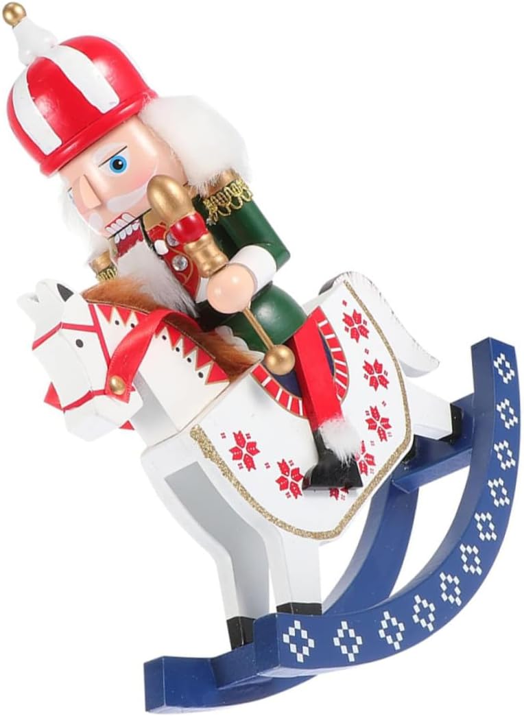 GARVALON 30cm Wooden Nutcracker Soldier Figurine Rocking Horse Base Traditional Christmas Nutcracker Decoration for Holiday Tabletop Display