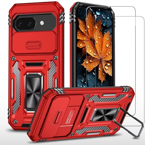 ESONG Cover per Google Pixel 10 Pro XL Custodia Protettiva di Grado Militare e con Scorrevole Fotocamera 2 Pezzi Pellicola Vetro Magnetica Anello Supporto-Rosso