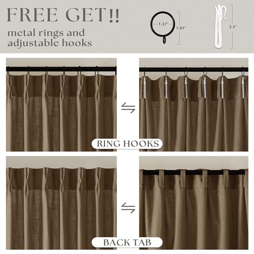 Image of Extra Wide 90 Inch Long Curtains 70 Inch Wide Pinch Pleat Linen Curtains for Living Room Bedroom Light Filtering Privacy Pleated Drapes Hooks Rings Back Tab for Sliding Door Dutch Cocoa 1 Panel