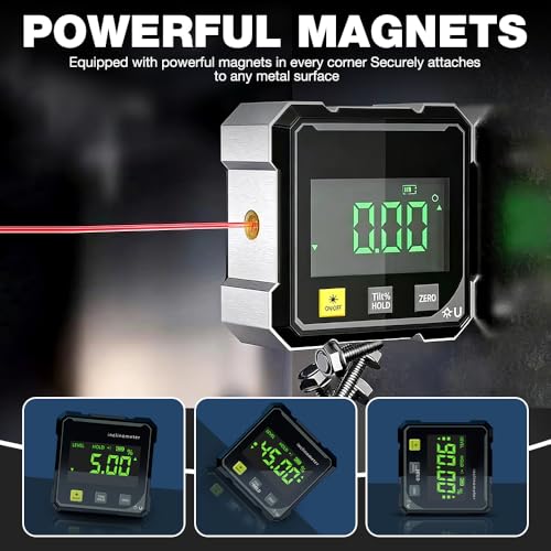 4-Seitiger Magnetischer Digitaler Winkelmesser mit Laser, NAVESO Digitale Wasserwaage mit LED-Anzeige, USB Wiederaufladbar Neigungsmesser Digital für Holzarbeiten, Bau und DIY