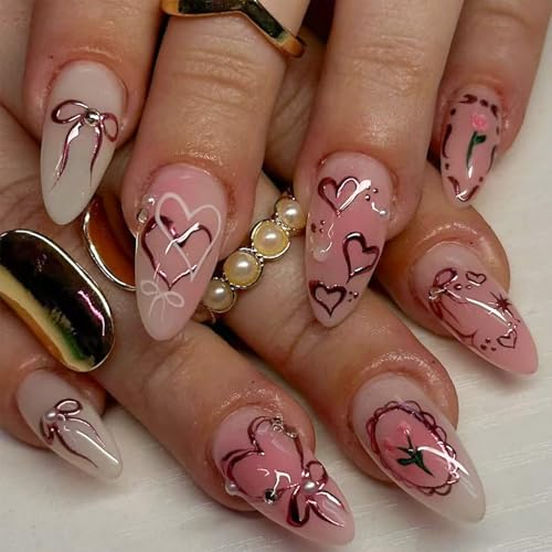 Image of Pink Ombre Press on Nails Heart Fake Nails Short Almond False Nail with Pearl Design Bowknot Glue on Nails Glossy Acrylic Full Cover Flower Stick on Nail for Women Valentine's Day Manicure