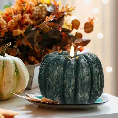 Image of Fall Flameless Candles with Remote, Real Wax Pumpkin Shaped Candle | Flickering Green Battery Operated Candles, Remote Included, For Autumn, Harvest, Thanksgiving, Halloween, Home, Party Decor