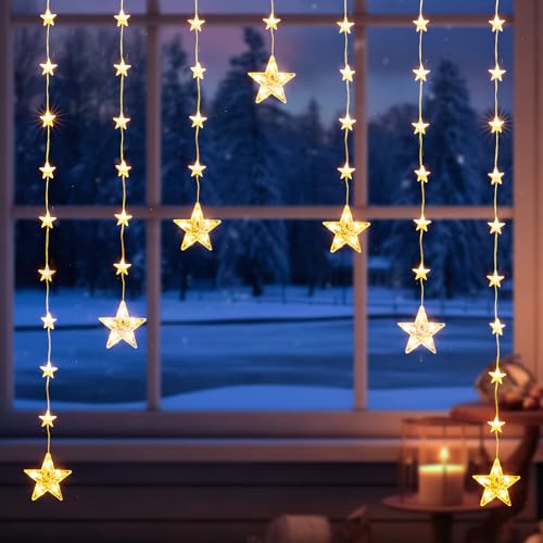 Quntis Christmas Star Window Lights, 1.5m 46 Led Star Curtain Lights 8 Modes Ip65 Waterproof Warm White & RGB Fairy Lights Battery Operated for Indoor Outdoor Home Bedroom Garden Party Decoration