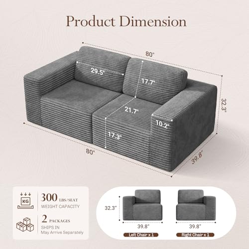 Image of Vesgantti 80 inch Modular Sectional Sofa, Corduroy Cloud Couch with Deep Seating & Spring Support, 2 Seater Compact Modular Couch, Boneless Sectional Sofa for Small Spaces, No Assembly Required, Grey