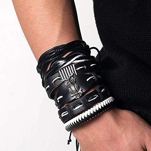 Bracelete 5 em 1 Pulseira Artestore em Couro Preta e Branca com Coruja em Metal