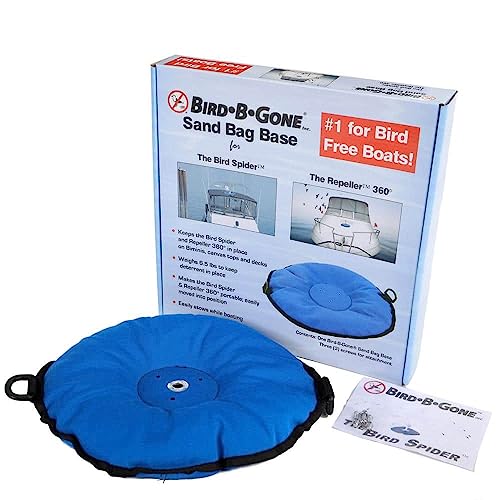 Bird B Gone - Weighted Sand Bag Base (6.5 lbs) - Stabilizer for Bird Spider 360 & Repeller 360 Deterrents - Weatherproof Blue Canvas - for Boats and Docks - Portable - Installation Hardware Included Bird B Gone - Weighted Sand Bag Base (6.5 lbs) - Stabilizer for Bird Spider 360 & Repeller 360 Deterrents - Weatherproof Blue Canvas - for Boats and Docks - Portable - Installation Hardware Included
