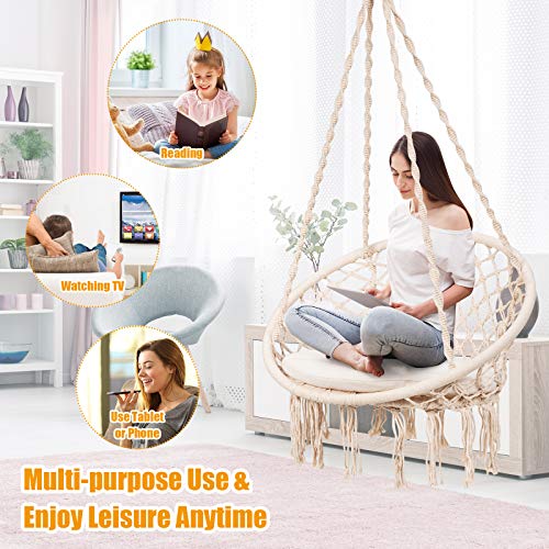 Giantex Macrame Hammock Chair, Swing Chair W/Soft Cushion, Hanging Hardware Kit & 9.5Ft Hammock Strap, Fringe Tassels, Cotton Rope Swing Chair 300Lbs Capacity, Macrame Tassels Hammock Swing (Beige) #TOP6