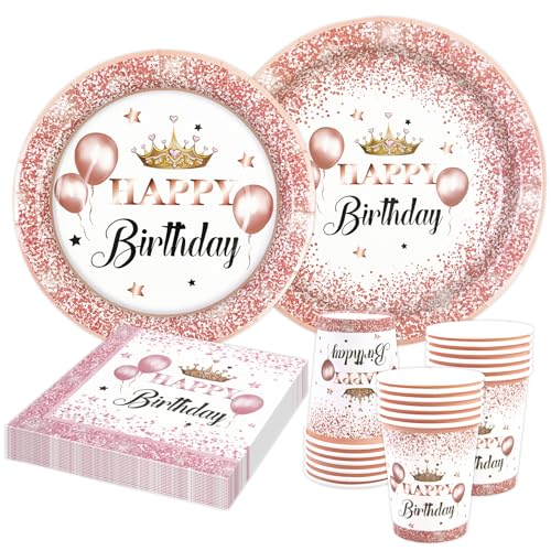 HiEnjoin 80 Stück Roségold Partygeschirr für 20 Gäste, Rosegold Geburtstag Geschirr Kindergeburtstag Teller Becher Servietten Pappteller Party Deko Mädchen, Tischdekoration für Hochzeitsfeiern