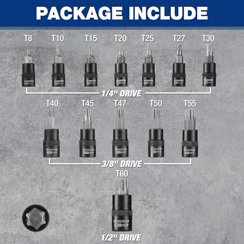 Image of WORKPRO Torx Bit Set, 25-Piece E4-E22, T8-T60, External Torx Socket Set | 1 /4 inch, 3 /8 inch, 1 /2 inch Drive Bits, E4-E22 e Socket Set, T8-T60 Torx Socket Set, S2 Steel Bits, CR-V Sockets, Storage Case
