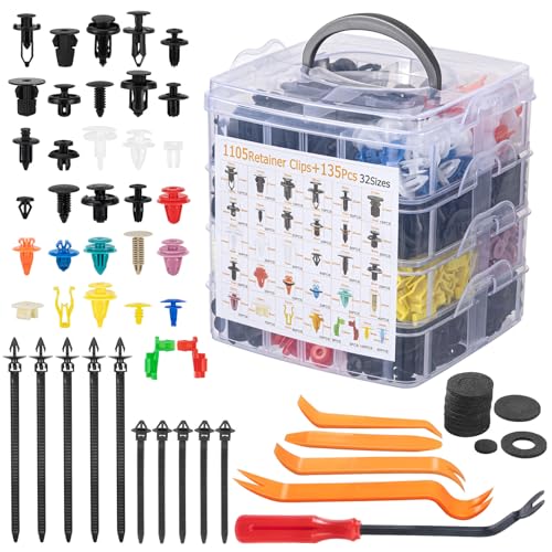 Bczhieulw Clips de automóvil, juego de caja de fijación de automóvil de 1240 piezas con herramientas de desmontaje, bridas y almohadillas de esponja, clips de fijación de automóvil