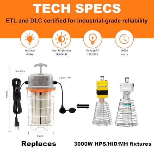 400W LED Temporary Work Light, 56000LM Construction Light 5000K Daylight White, Linkable Hanging Jobsite Light with Hook, IP65 Waterproof Portable High Bay Lighting for Workshop Garage Warehouse - image 2