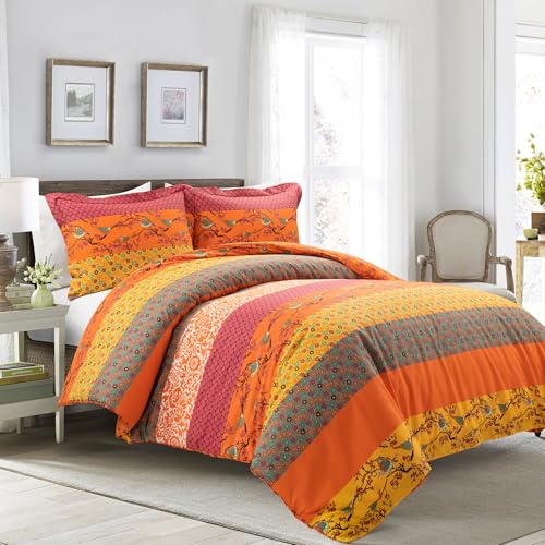 Lush Decor Royal Empire Reversible Cotton Duvet Cover Set, 3 Piece Set King, Tangerine - Striped Bedding Set - King Duvet Set - Boho Decor - Orange Bedding