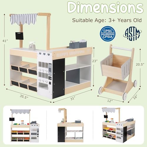 KOTEK Kids Grocery Store Playset, Wooden Supermarket Toy Set with Shopping Cart, Cash Register, Vending Machine, Play Food & Blackboard, Grocery Store Pretend Play Gift for Boys Girls (Natural)