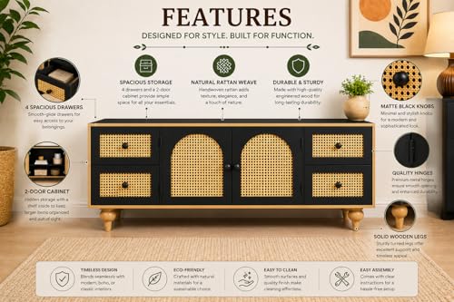 Image of Premium Solid Wood, 10 Minutes Assembly (Legs Only), Aesthetic Rattan Doors, Mid Century Entertainment Center for Living Room, TV Stand for 65 inch TV, Dark Chocolate (Black)