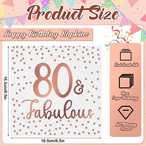40 Pcs Glitter Rose Gold Napkins Happy 50th 60th 70th 80th 90th Birthday Napkins Fabulous Cocktail Custom Disposable Napkins for Birthday Party Anniversary Decoration, 3-Ply (80th Fabulous)