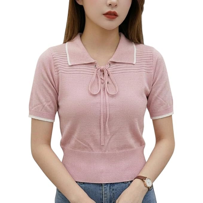 Women's Classic Solid Knitted Polo Crop Top | Korean Style Stretchable Short Sleeve T-Shirt with Contrast Trim Collar & Lace-Up Front Neckline | Casual, Office, College-picture-11