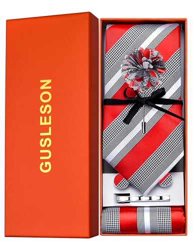 Image of GUSLESON Men's 5-pc Striped Tie Gift Set - Jacquard Necktie, Pocket Square, Cufflinks, Lapel Pin, Tie Clip - Wedding Formal Gifts