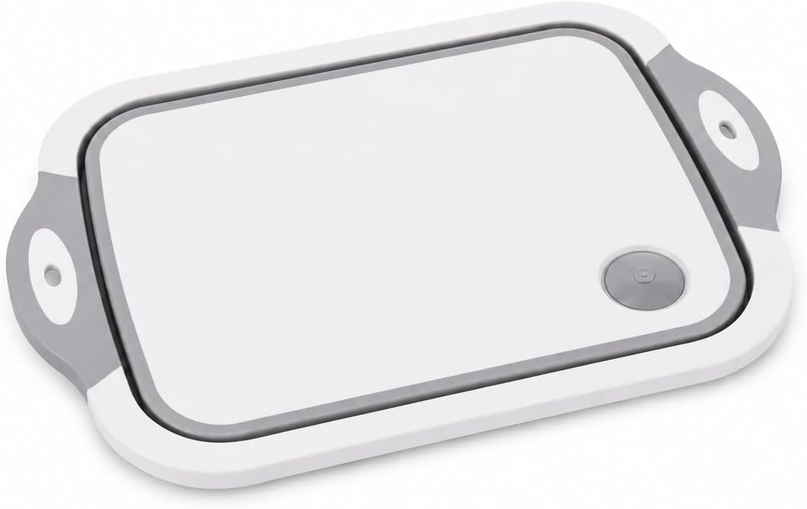 3-in-1 Collapsible Wash Basin with Cutting Board, BBQ Prep Tub, Gray | Foldable dish basin with lid, drain plug and cutting board for BBQ, camping, RV, kitchen, picnic and meal prep