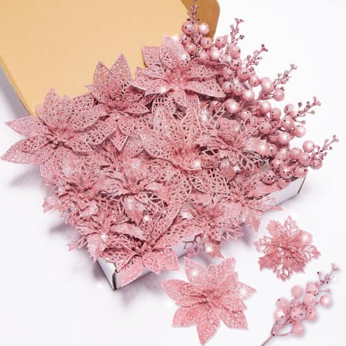 22Pcs Fleurs Artificielles Poinsettia Noël et Baies Paillettées, 16Pcs Ornements Sapin et 6 Pics pour Décoration