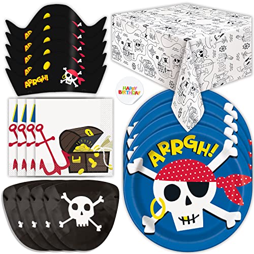 Pirate Party Supplies | Nautical Party Decorations | Includes Skull Plates, Pirate Party Table Cover, Napkins, Pirate Hats, And Eye Patches | Pirate Birthday Party Supplies And Favors Serves 16 #TOP15