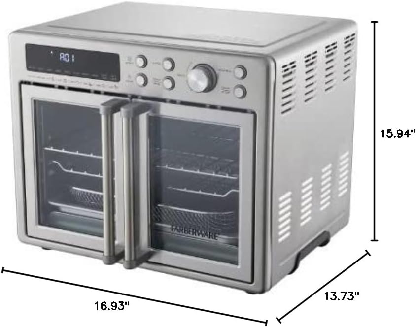 Diagram showing the dimensions of the toaster oven: 16.93 inches wide, 13.73 inches deep, and 15.94 inches high.