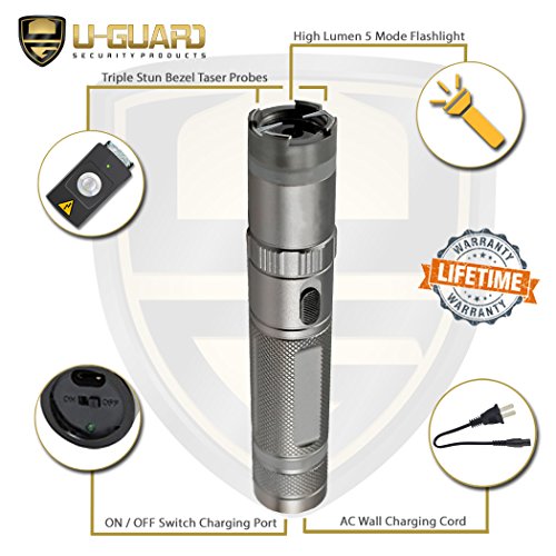 Self-Defense Weapon Kit Aluminum Stun Flashlight Pepper Spray Combo. Tactical Stun Gun With Pocket Pepper Spray Less Lethal Personal Protection Devices Stun Gun Premium Flashlight (Grey) #TOP3