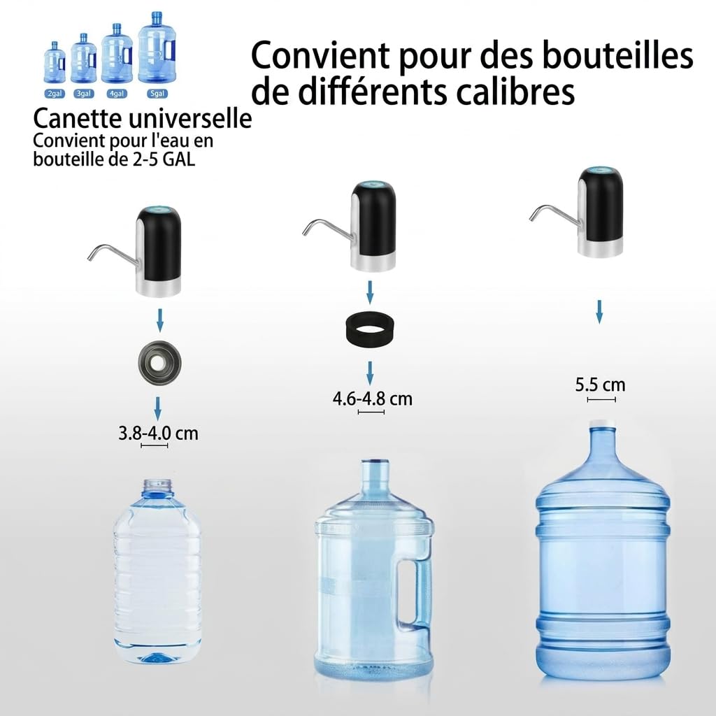 Pompe à Bouteille d’Eau, 2 Adaptateurs Supplémentaires de Différents Calibres, Distributeur d’Eau Électrique Portable avec 2 Tuyaux Libres à Couper Noir Blanc, En Silicone,Plastique