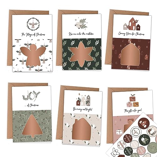 Papierdrachen 6 Klappkarten zum Freirubbeln zu Weihnachten in DIN A6 - mit 6 Packpapierumschlägen und passenden Dekoaufklebern - Verschicke einzigartige Weihanchtspost - Hygge - Set 02