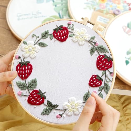 Image of Topapfo Strawberry Embroidery Kit for Beginners Adults, Funny Embroidery Patterns Hoops Thread Needles Tutorials