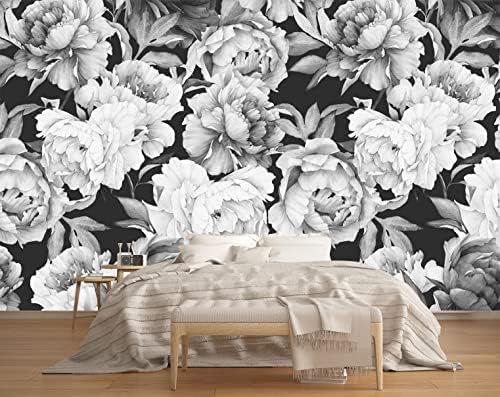 MFWFM Black and White Peonies Wallpaper Watercolor Floral Mural Not Self Adhesive(Not Peel n' Stick)