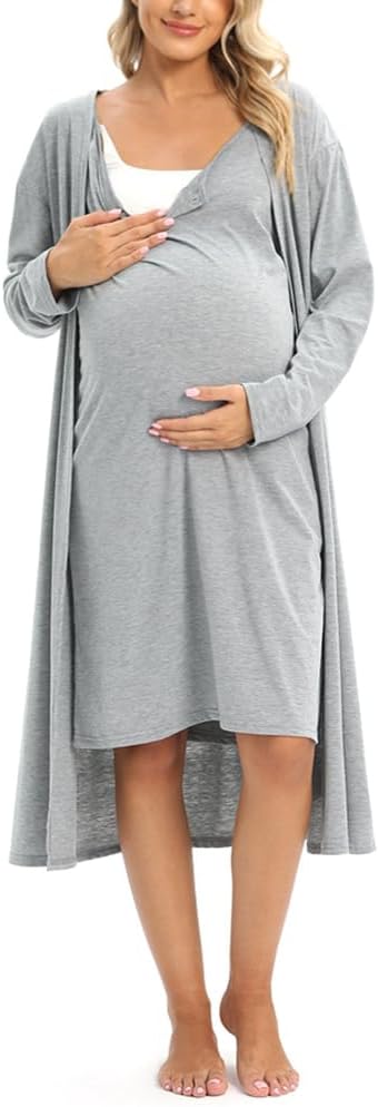 Flightbird Womens Maternity Nursing Nightgown and Bathrobes Set 3 in 1 Labor Delivery Hospital Sleepwear for Breastfeeding