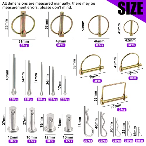 Swpeet 254Pcs Heavy Duty 6 Styles 1/4" 2/5”5/16" Hitch Linch Pin and PTO Pins with 304 Stainless Steel Cotter Pin Hair Pin and R Shape Clips Assortment Kit for Farm Tractors Trailers Pins - Image 2