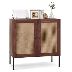 Giantex buffet cabinet wood sideboard storage cabinet with rattan door 3 position adjustable shelf freestanding coffee bar accent cabinet kitchen cupboard organizer for living room hallway  urban country home decor