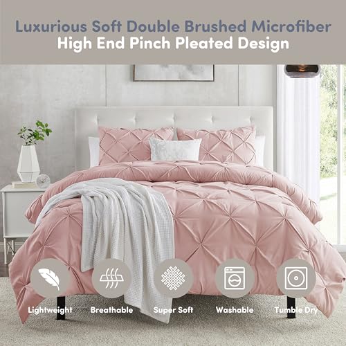 Image of Nestl Twin Duvet Cover Set Peach Beige - Soft Double Brushed Duvet Set with Button Closure & Corner Ties, 2 Piece Luxurious Pinch Pleated Duvet Cover Set 68x90 Inches with 1 Pillow Sham