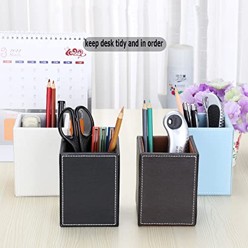 Pu Leather Pen Holder Black Square Pen Holder Cup For Desk Office Supplies Stationery Organizer Pencil Cup Multifunctional Desktop Office Accessories Storage Box Faux Leather Pen Holder Container Box #TOP6