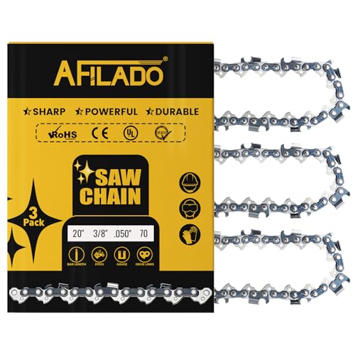 3 Pack 20 Inch Semi-Chisel Chainsaw Chain, 3/8" Pitch .050" Gauge 70 Drive Links Replacement Saw Chain Compatible with Husqvarna Craftsman Poulan Greenworks