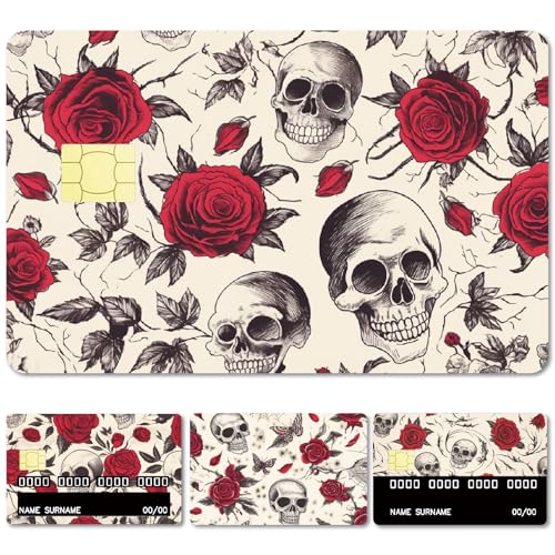 CREATCABIN 4 Autocollant Carte Crédit Motif Tête Mort Rose Personnalisable Décoration Carte Crédit Mince Étanche Protection Bancaire Autocollant Blocage RFID pour Porte 5.4x8.6cm