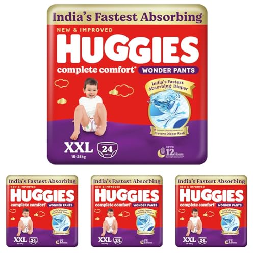 Image of Huggies Complete Comfort Wonder Pants | Pant Style Baby Diapers XXL Size, 24 Count | India's Fastest Absorbing Diaper, Patented Dry Xpert Channel, Ideal for 15 to 25 Kgs (Pack of 4)