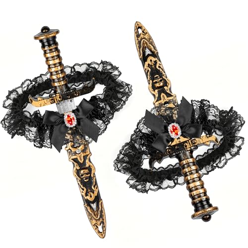 GAKSK 2 PCS Pirate Swords with Lace Bow Thigh Garter with Dagger Women Pirate Costume Accessories Halloween Cosplay Dress Up (Black-Bronze)