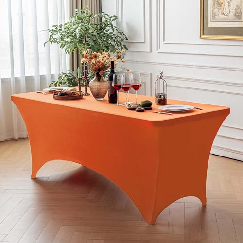 Image of FOLINS&HOME Orange 8ft Fitted Water Resistant Tablecloth with Spandex