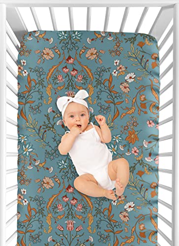 Sweet Jojo Designs Boho Wildflower Vintage Floral Girl Fitted Crib Sheet Baby Toddler Bed Nursery Teal Turquoise Rust Orange Daisy Leaves Botanical Paisley Leaf Flower Bohemian Farmhouse Blue Green #TOP3