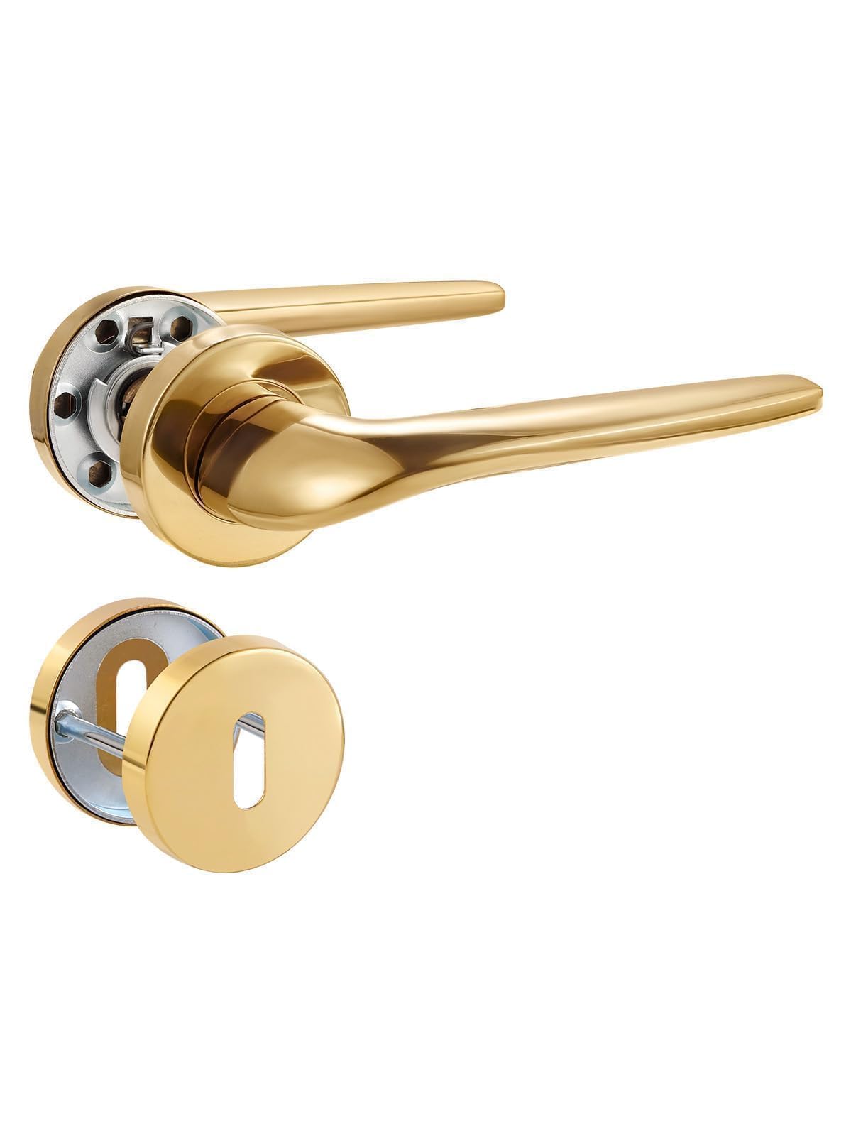 SORWDUERM Gold Door Handle Set Matte Brushed Stainless Steel Door Lever for Front Door and Interior Door L Shape Round Rosette,BB