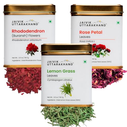 Image of Jaivik Uttarakhand - Herbal Tea Gift Pack (3 Count (Pack of 1) (56.7g), Lemongrass, Rose Petals, Rhododendron (Buransh) Tin Can)