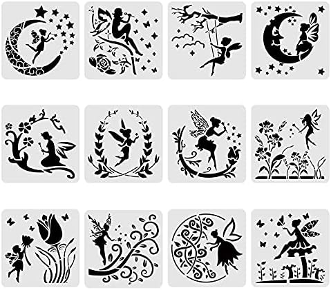 BENECREAT 12PCS Plastic Drawing Templates 12x12 Inches Angel & Fairy moon flowers Pattern Painting Template Stencil for Scrabooking Card Making, DIY Wall Floor Decoration