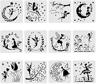 BENECREAT 12PCS Plastic Drawing Templates 12x12 Inches Angel & Fairy moon flowers Pattern Painting Template Stencil for Scrabooking Card Making, DIY Wall Floor Decoration