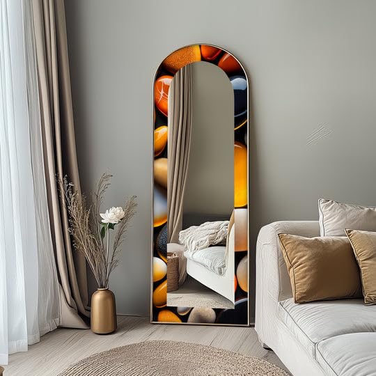 Zen & Spa Stones - Specchio da pavimento ad arco a lunghezza intera, con cornice nera e cornice dorata