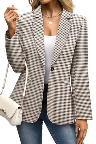 ELLEVEN Blazers for Women Business Casual Work Office Long Sleeve Lightweight Button Pockets Notched Lapel Collar Slim Fit Professional Suit Jacket Coat Outfits Padded Shoulder Brown Plaid Large