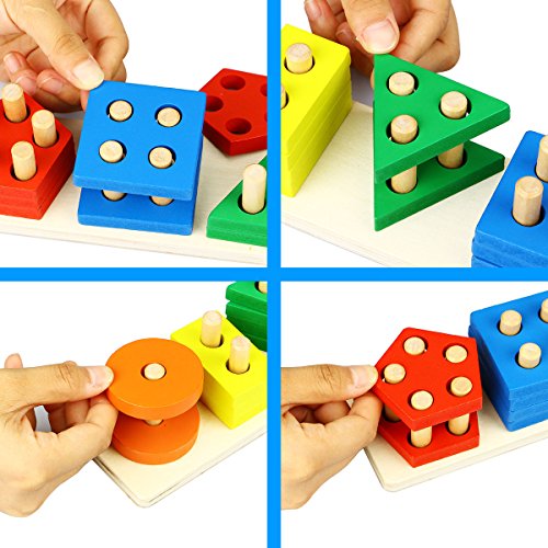 Dreampark Wooden Educational Toys, Wooden Shape Color Sorting Preschool Stacking Blocks Toddler Puzzles Toys Birthday Gifts for Boys and Girls Age 1 2 3