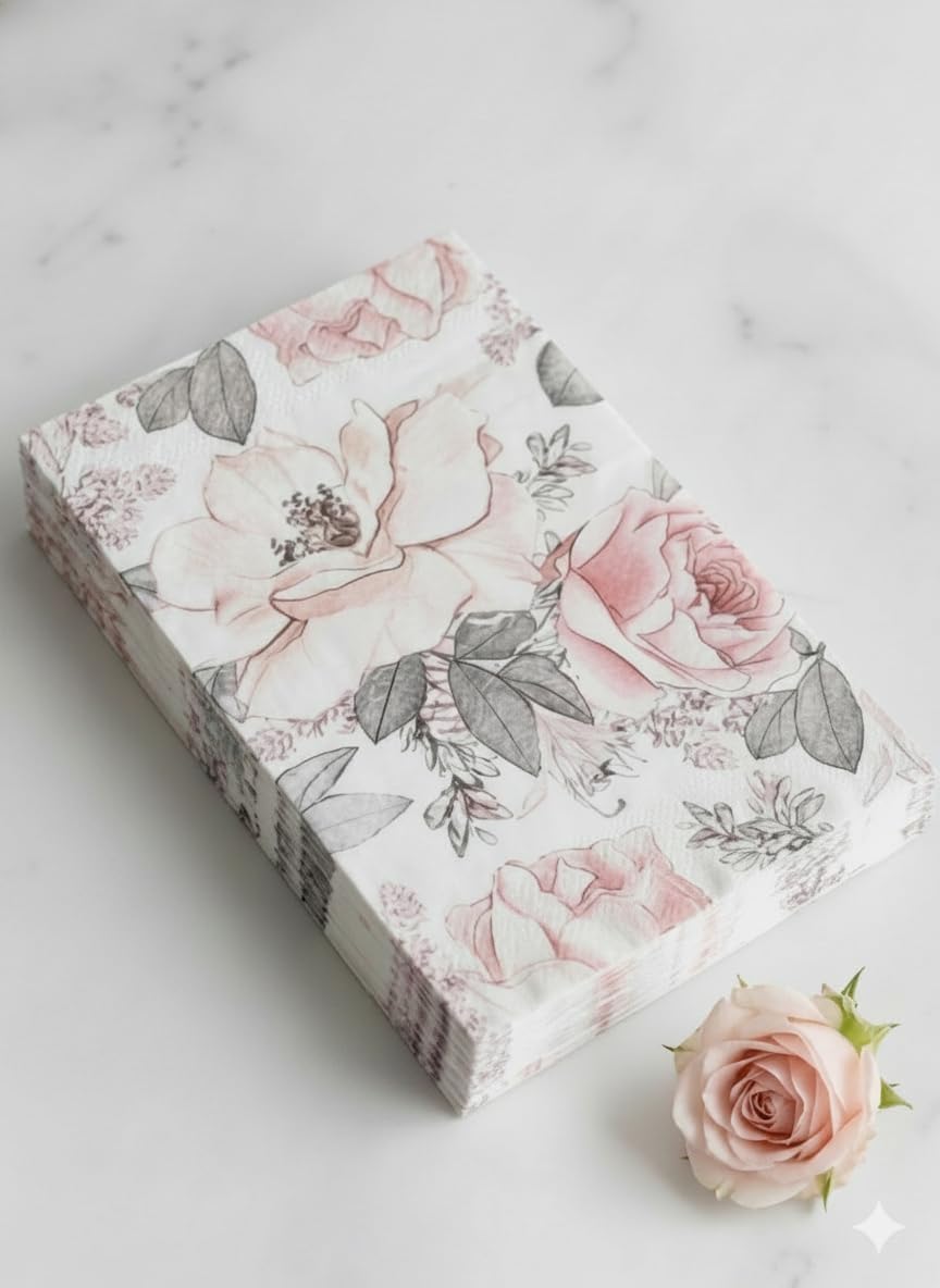 Harman Pink Floral Guest Napkins - Decorative Paper Dinner Napkins for Dinner, Birthdays, Parties, Celebrations - 5 X 8-inches, Pack of 16 - Pink and Grey Floral