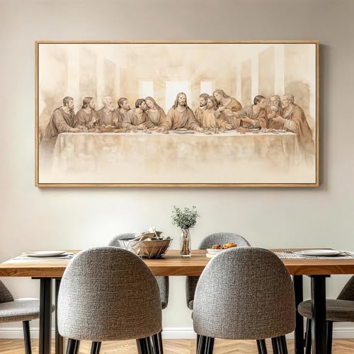 Extra Large Framed The Last Supper Wall Art, Christian Religious Watercolor Artwork for Walls, Neutral Beige Jesus Horizontal Canvas Prints Pictures for Dining Room, Living Room, Wall Decor, 28x57 In